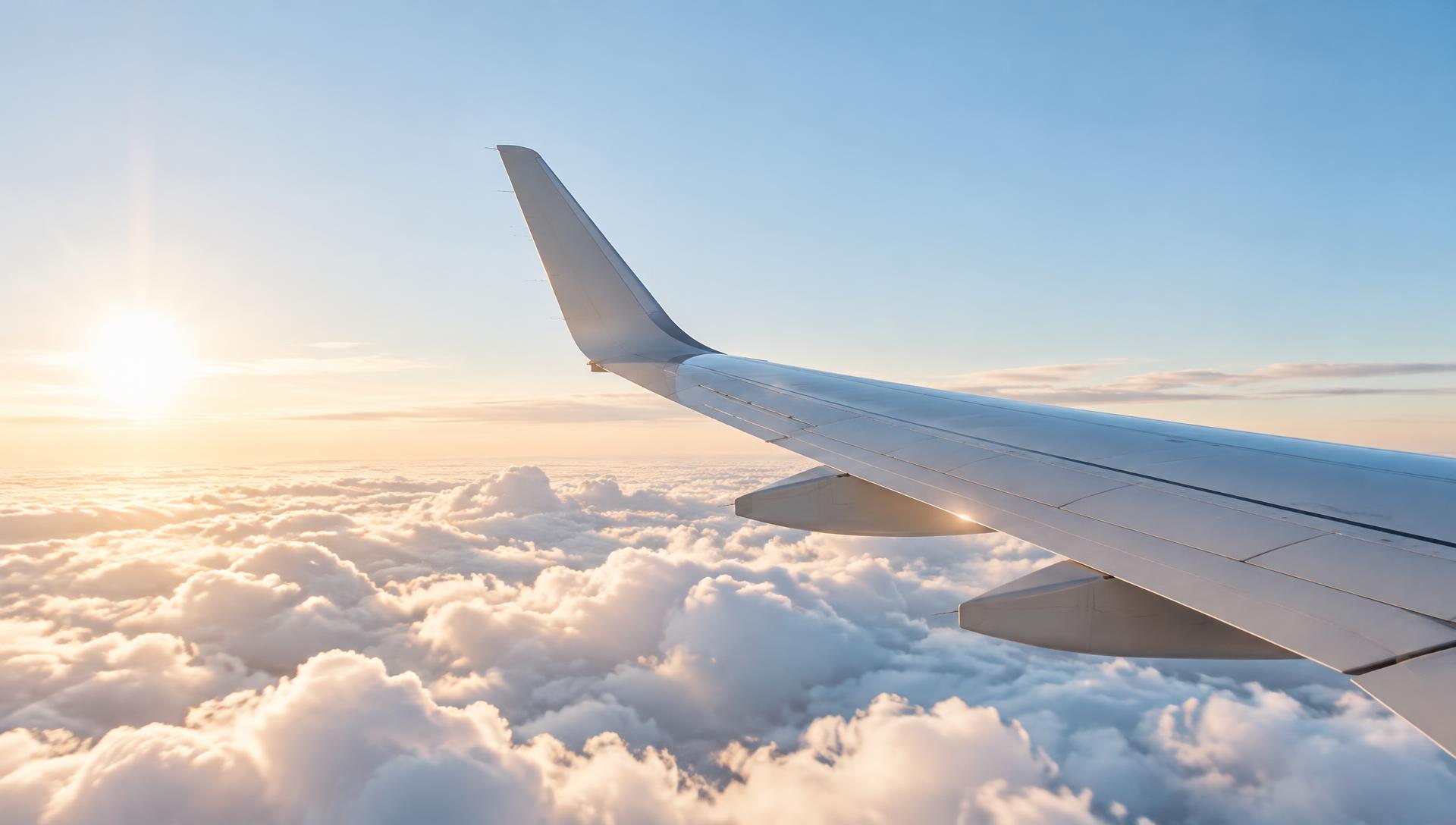 Aircraft wing above sunlit clouds